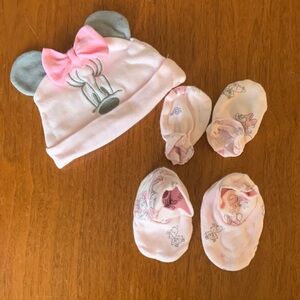 🍊5/$25 Disney Pink and Gray Character Hat Mits and Booties Set size 0-6m
